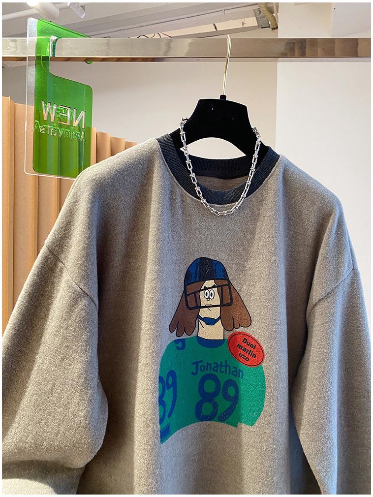 Women's 2025 Cartoon Print Woolen Long Sleeve T-shirt: Loose, Warm, Plus Velvet, Brushed Inner Layer