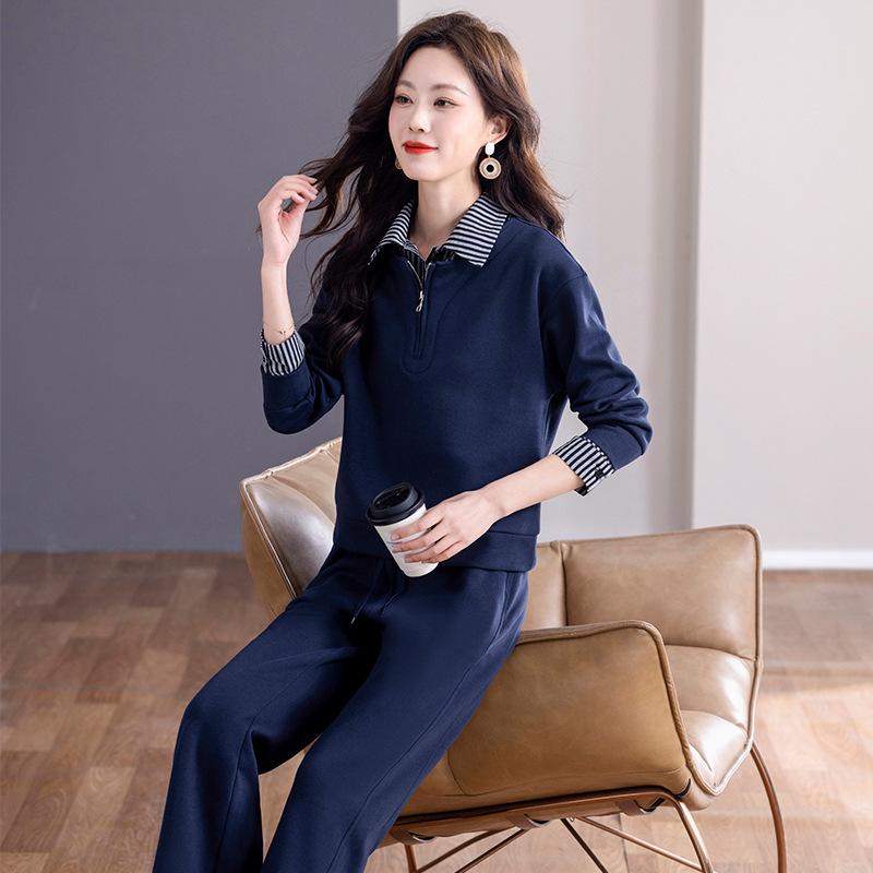 Khmer Women's Spring 2026 Half-Zip Collar Casual Sportswear Set - New Stripe Color Block Two-Piece