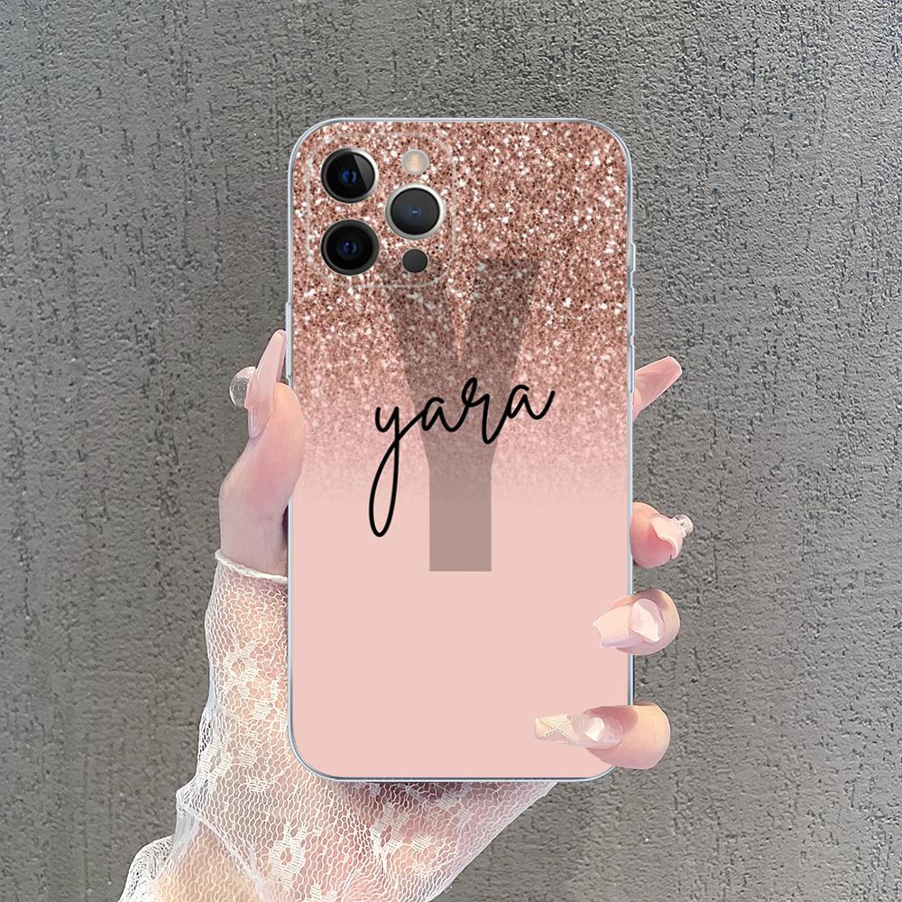 Letter Pink Shiny M R Clear Phone Case For IPhone 15 14 13 12 Mini 11 Pro XS Max X XR SE 6 7 8 Plus Soft Silicone Cover