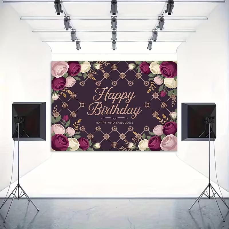 2D Lila Blumige Geburtstagskulisse, Happy Birthday Rosen-Party Hintergrundtuch
