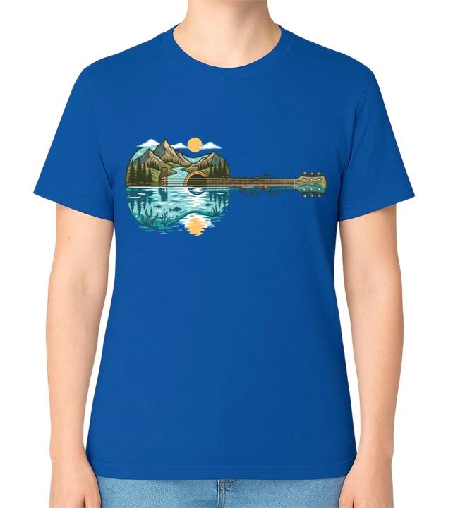 Mountain Guitar Lake Scene Unisex Graphic T-Shirt Music Nature Tee 4 XL