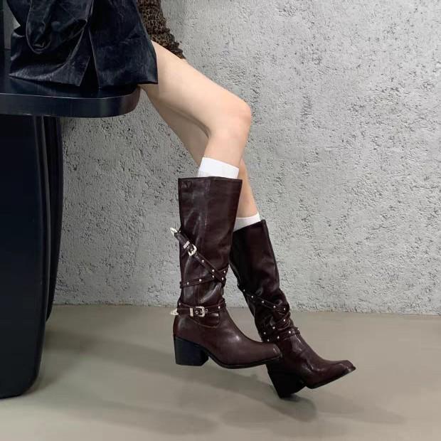 French thick heel belt buckle punk style high boots women's boots 2025 new small pointed long boots knight boots