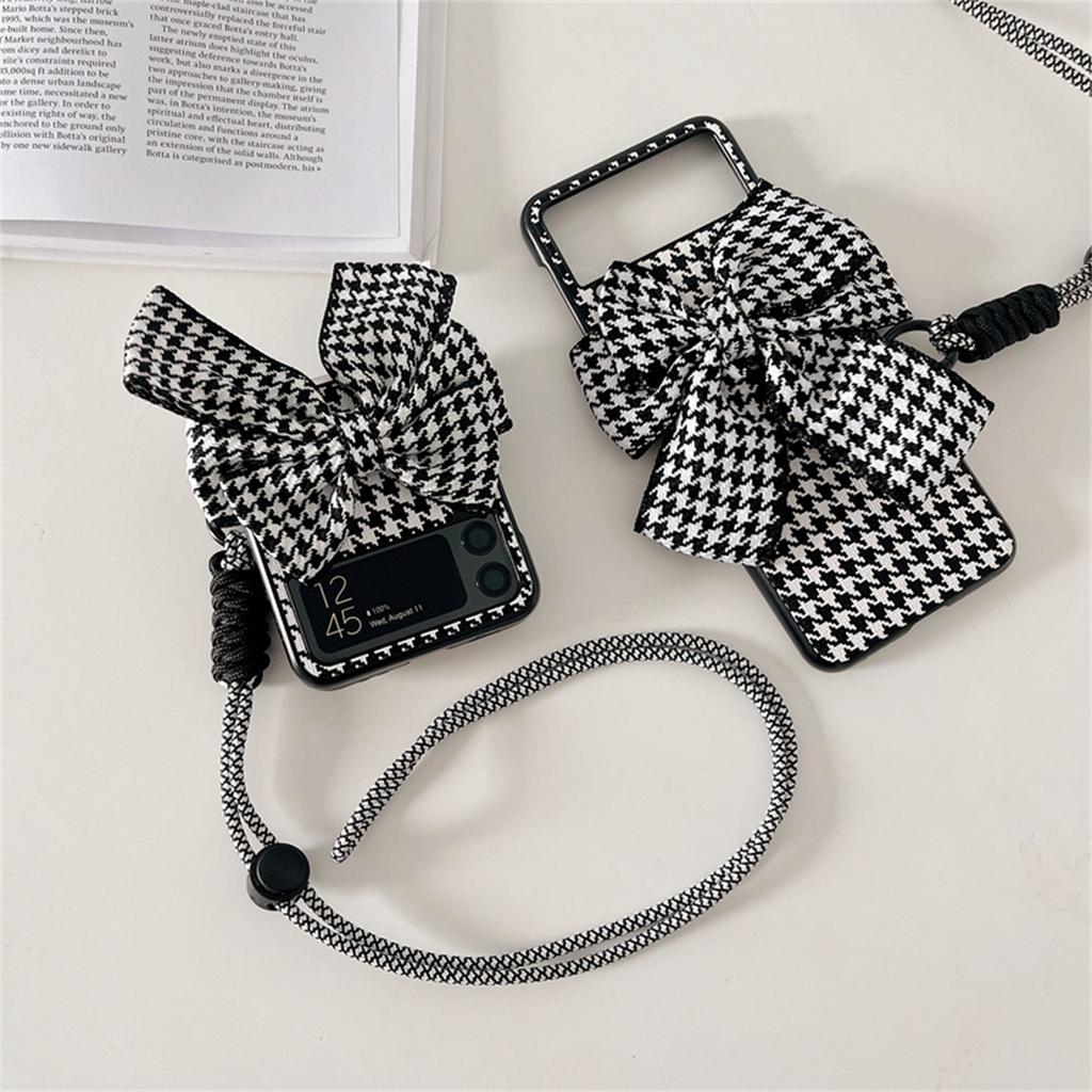 Luxury Korean 3d Houndstooth Bow Case With Portable Bracelet Chain For Samsung Galaxy Z Flip 3 4 5g Z Flip3 Zflip3 Flip4 Cover
