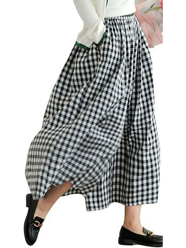 

2024 Autumn Plus Size Plaid Cotton Linen Wide-Leg Skirt Pants - Elegant and Casual Medium