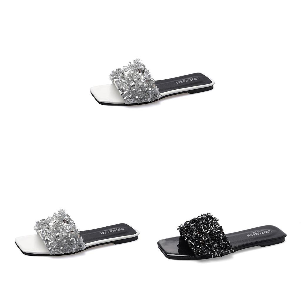 Moderne flade gummi-slides med glimmer og frynser til afslappet brug