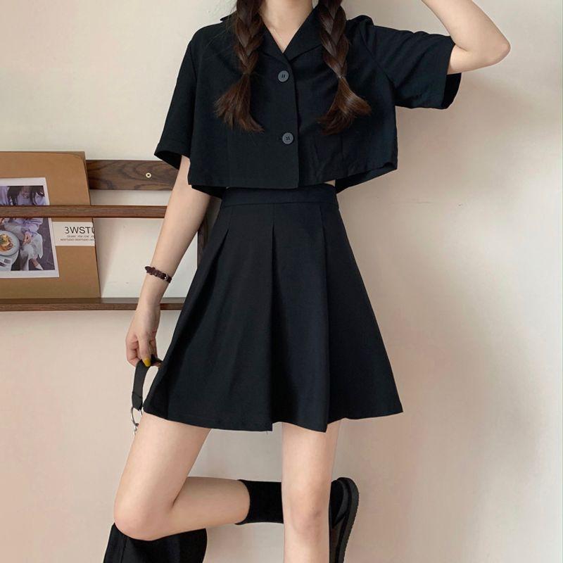 

JK Black Slim Looking High Waist Young Adult Uniform-Styled Pleated Skirt Black Tops XL