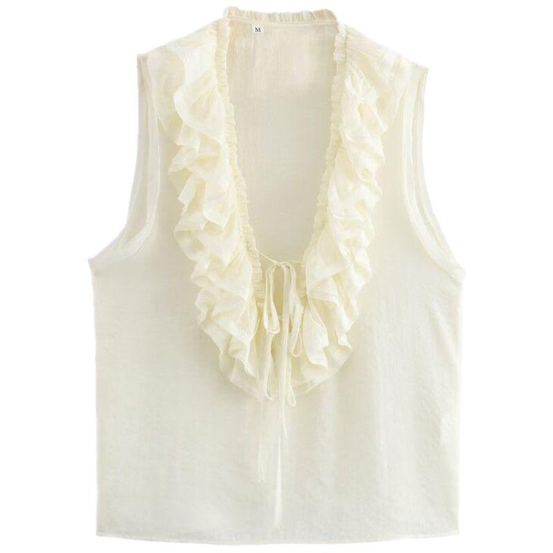 

Модный стиль 2024 Лето Новое поступление Женская одежда Легче всего сочетать V-образный вырез Легкий топ с оборками Рубашка без рукавов 3324505 Picture color XS