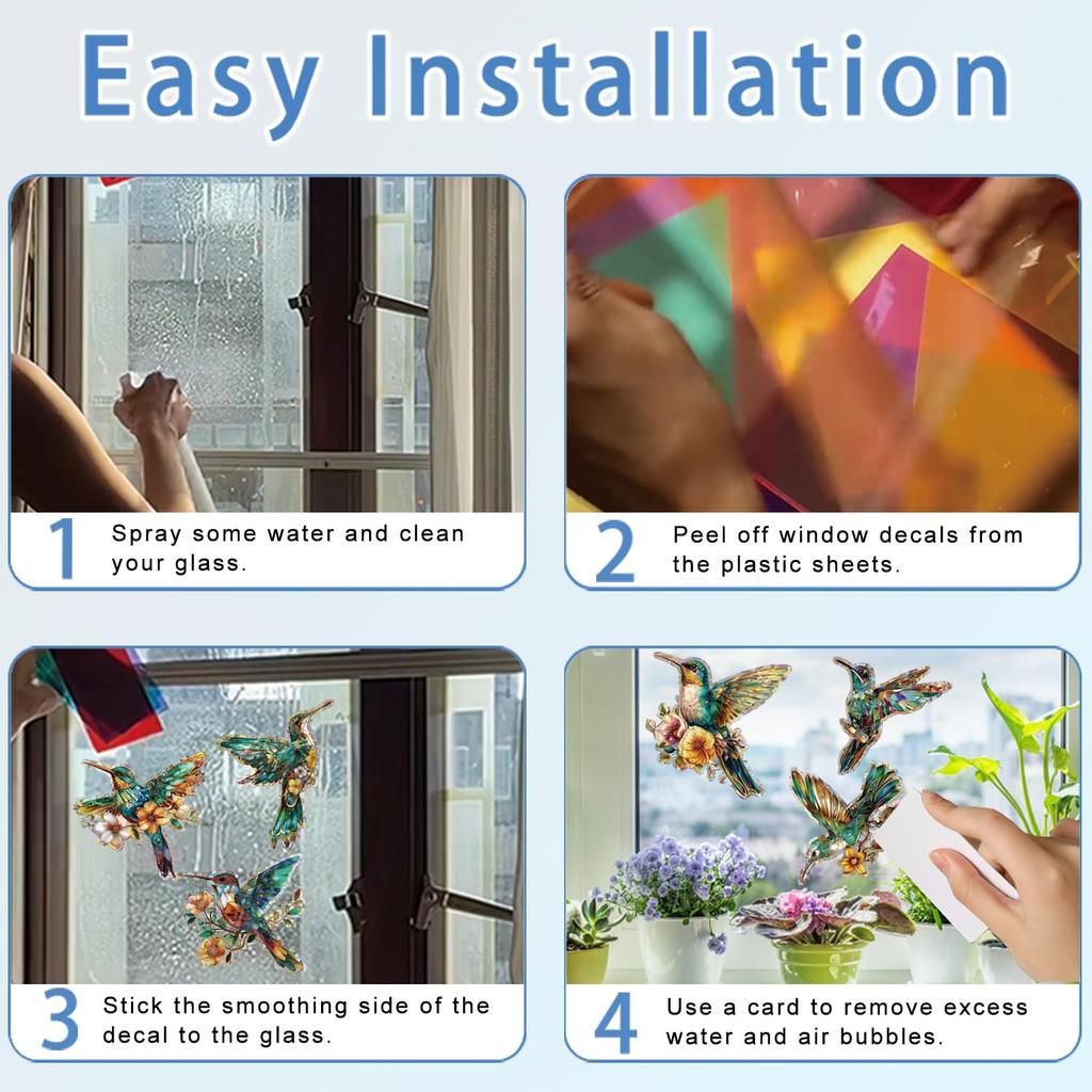 12pcs Window Decals to Prevent Bird Strikes, Anti Collision Window Clings, Rainbow Reflection Window Sticker, Hummingbird Style Sun Catcher Stickers