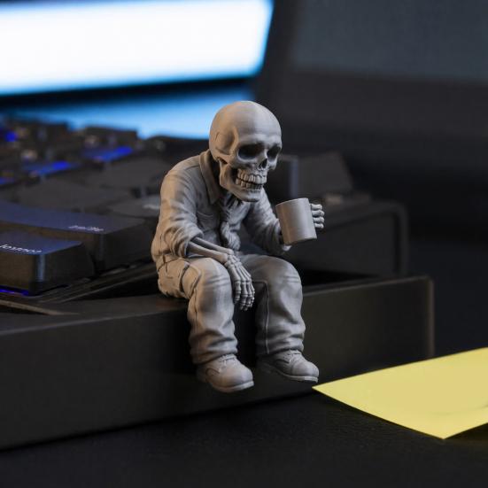 3D Printed Sitting Skeleton Statue with Coffee Cup, Drinking Coffee Skull Figurine, Compact Desktop Decoration for Office Study Room Ornaments