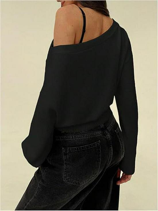 2026 Autumn/Winter European American Off-Shoulder Knit Sweater - Women's Solid Color Pullover, Long Sleeve Top