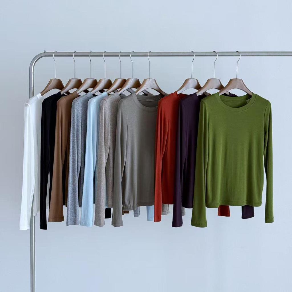 High-Quality Women's Lyocell Tencel Wool Long-Sleeve Base Layer Top, Wearable as Outerwear, with Round Neck.