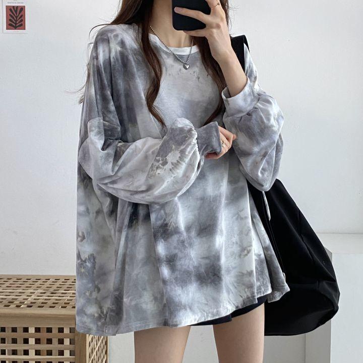 Plus Size Long Sleeve T-shirts Women Harajuku Tie-dye Autumn Loose Tops Teens Streetwear Y2k Sun-proof Clothing