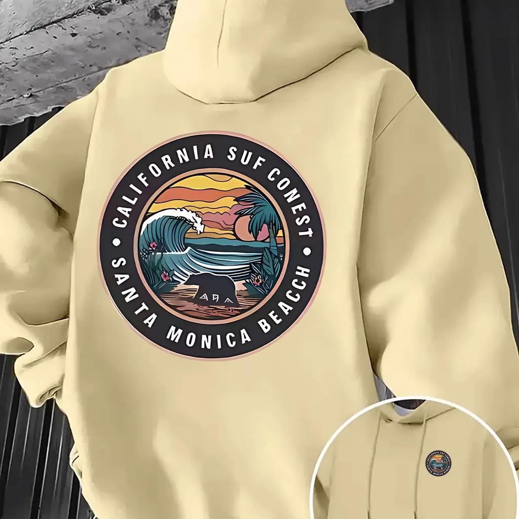 Men Oversized Casual Hoodie Santa Monica Beach California Surf Circle Badge Print Pullover Korean Vacation Sweatshirt
