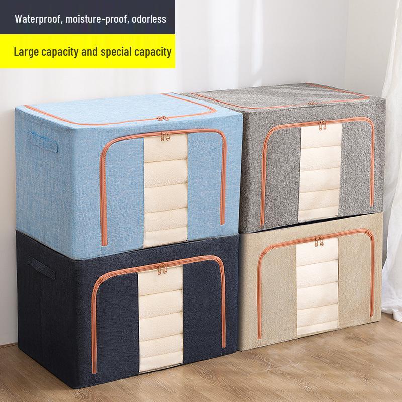 Cotton Linen Foldable Storage Box with Steel Frame - Large Capacity Clothes Organizer
