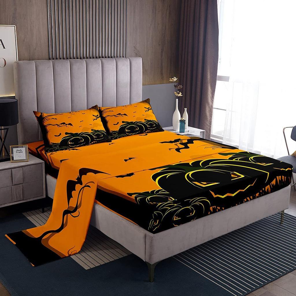 Halloween-Themed Pumpkin Pattern Bed Hat Four-Piece Bedding Set Bedroom Dormitory Bedding Decoration
