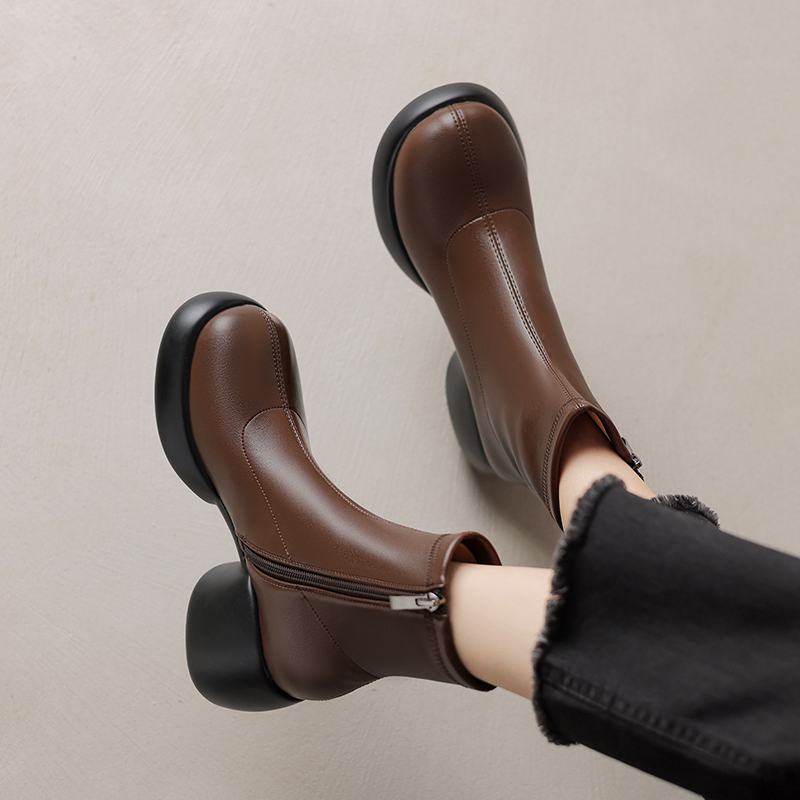 Krazing Pot Microfiber Winter Round High Heels Western Boots Women Zipper Size 43 Street Wear Platform Ankle Boots