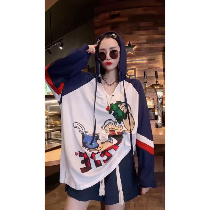 

Женский пуловер с длинным рукавом больших размеров, контрастный цветной топ с принтом аниме и капюшоном XL синий