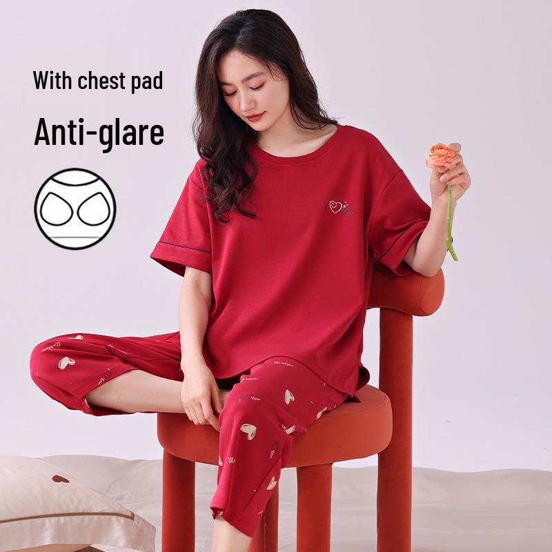 Women's Pure Cotton Pajama Set: Short Sleeve, Seven-Point Pants, Loose Fit, Built-In Bra Pads, Comfortable Home Wear.