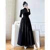 Černé šaty áčkového střihu ve francouzském stylu Dámské elegantní šaty midi s dlouhým rukávem a vysokým pasem Podzimní zimní přiléhavé maxi šaty