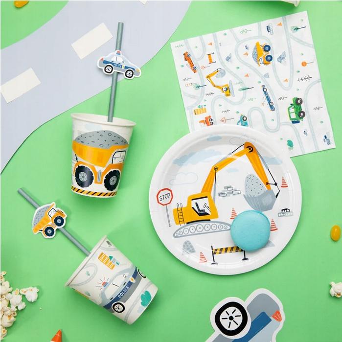 Set of plates, cups, napkins, cars
