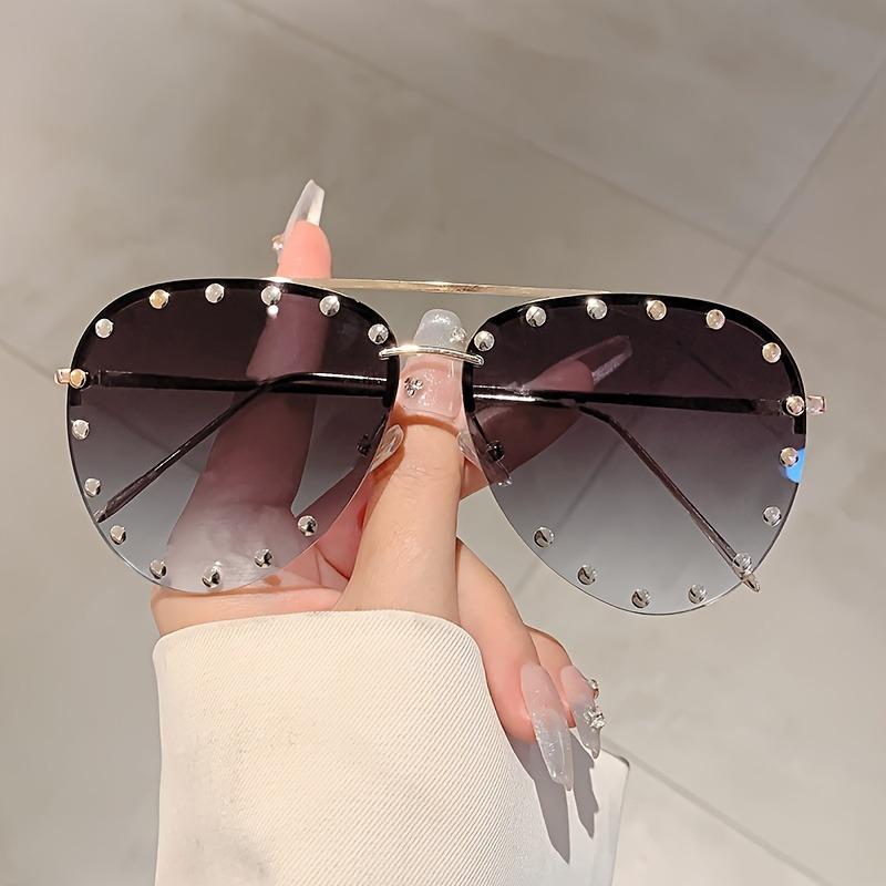 Fashion Rimless Pilot Sunglasses Women Vintage Luxury Brand Design Diamond Cutting Lens Rivet Sun Glasses For Female UV400