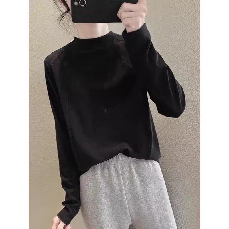 Women's Fleece Brushed Long-Sleeve Base Layer Shirt, Autumn/Winter Korean Style, Loose Half-High Collar Top