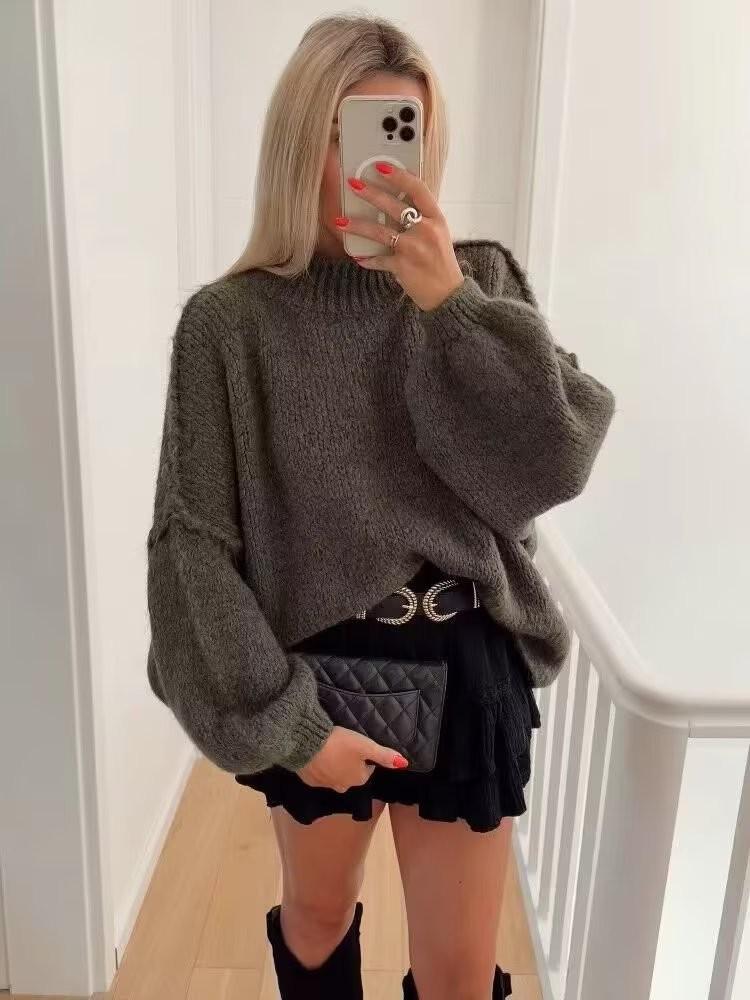 2024 Autumn/Winter Women's Stand-up Collar Knitted Sweater - American Blogger Style, Korean Version