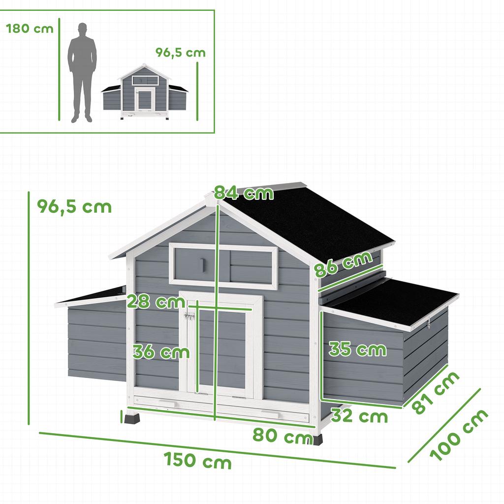 Wooden Chicken Coop for Outdoor Use with 2 Nests, Removable Tray, Perches, Waterproof Roof, 150x100x96.5 cm, Grey