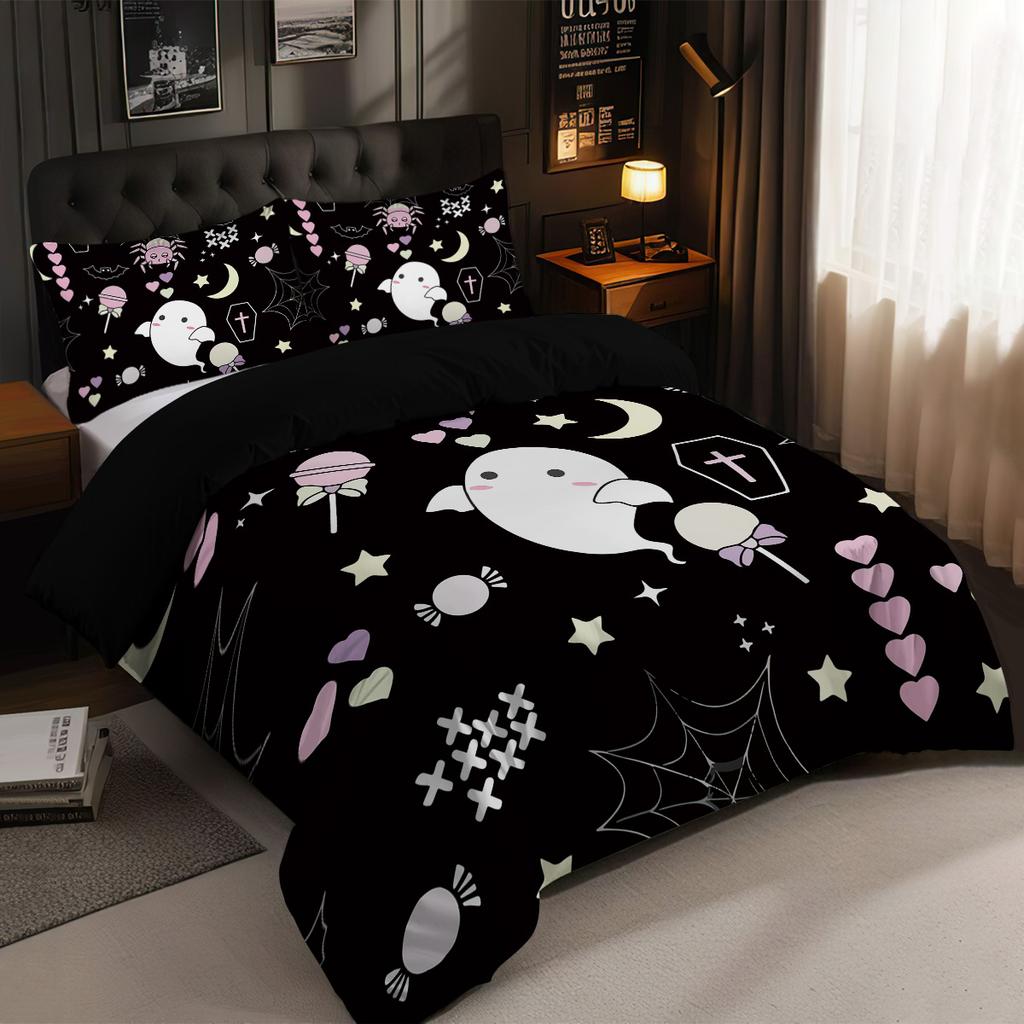 3-teiliges Halloween Niedliches Geist Gedrucktes Bettwäsche Produkte Kernloses Set Schlafzimmer Wohnzimmer Studentenwohnheim Mehrere Größen Maschinenwaschbar