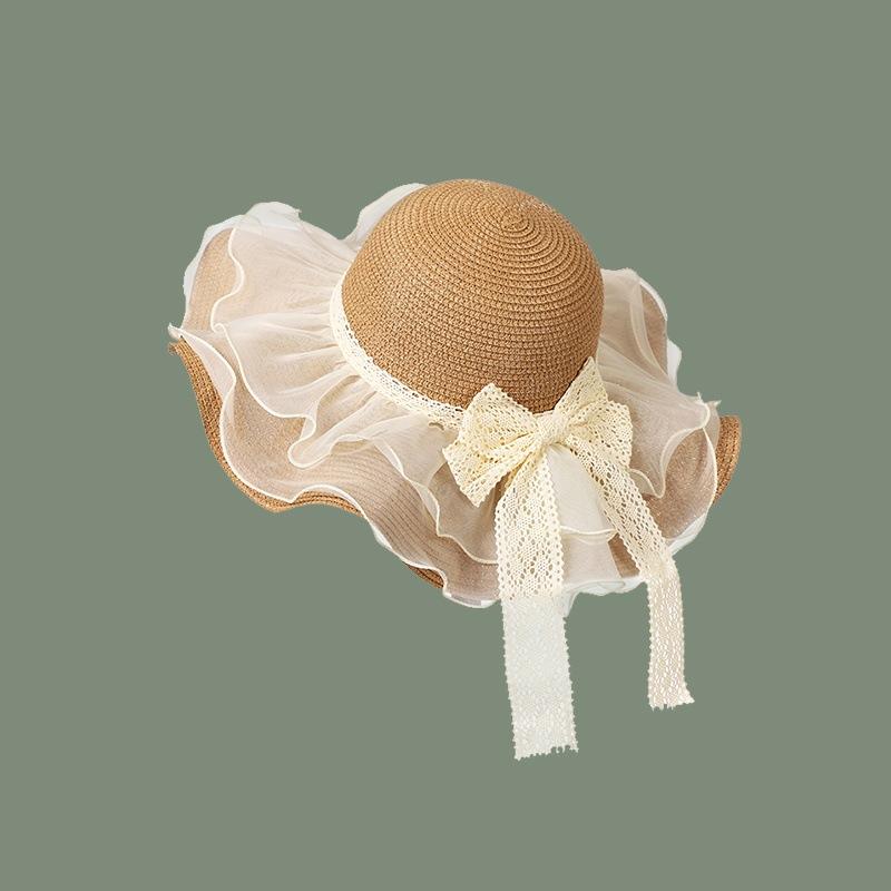 Straw Hat Women's Fashion Elegant Pleated Ribbon Flat-top Sunshade Hat Vacation Travel Sunscreen Hat