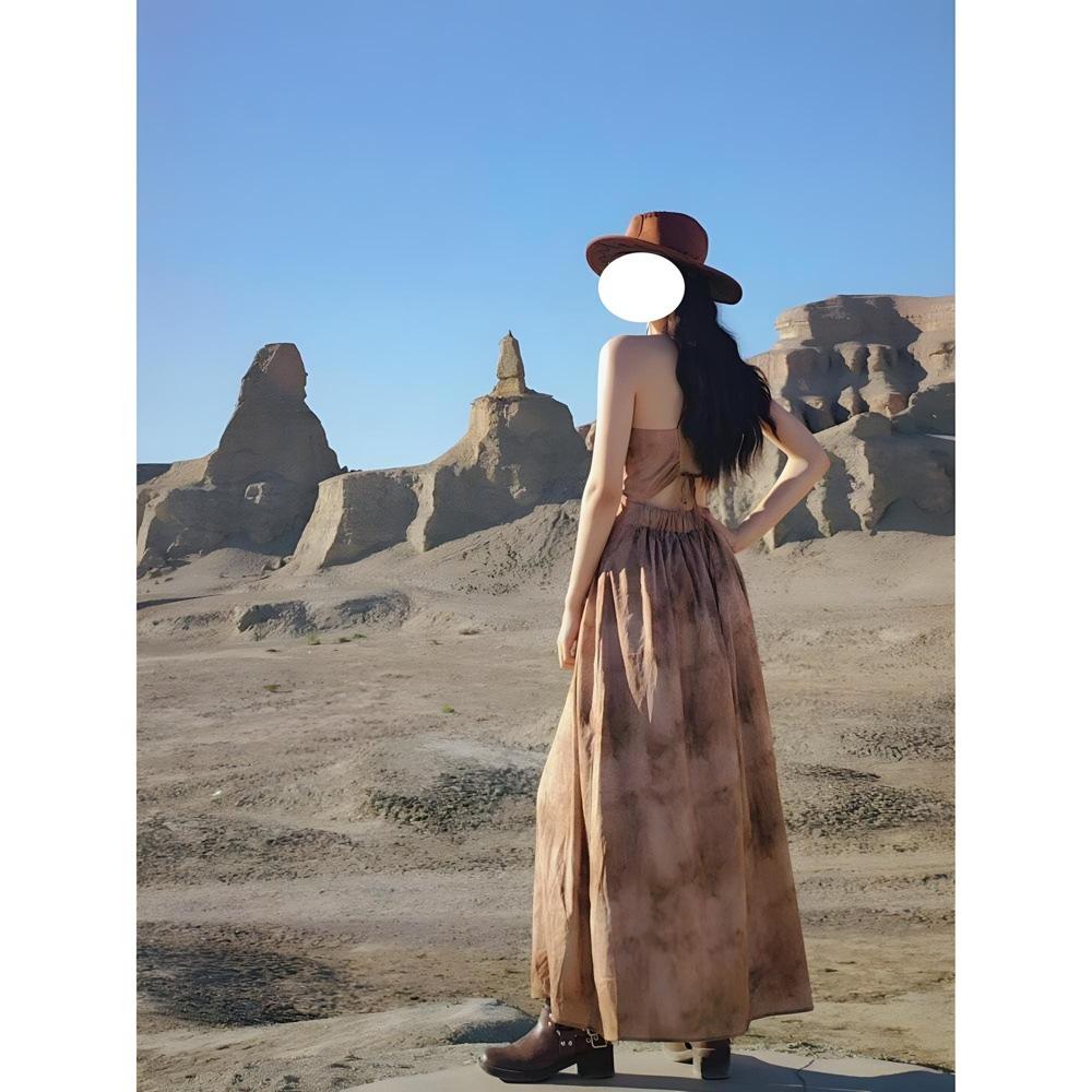 

Платье-майка халтер с V-образным вырезом, открытой спиной, женское летнее повседневное для отпуска, кофейного цвета, с акцентом на талии, длинная юбка XL- (recommended 110-60kg)