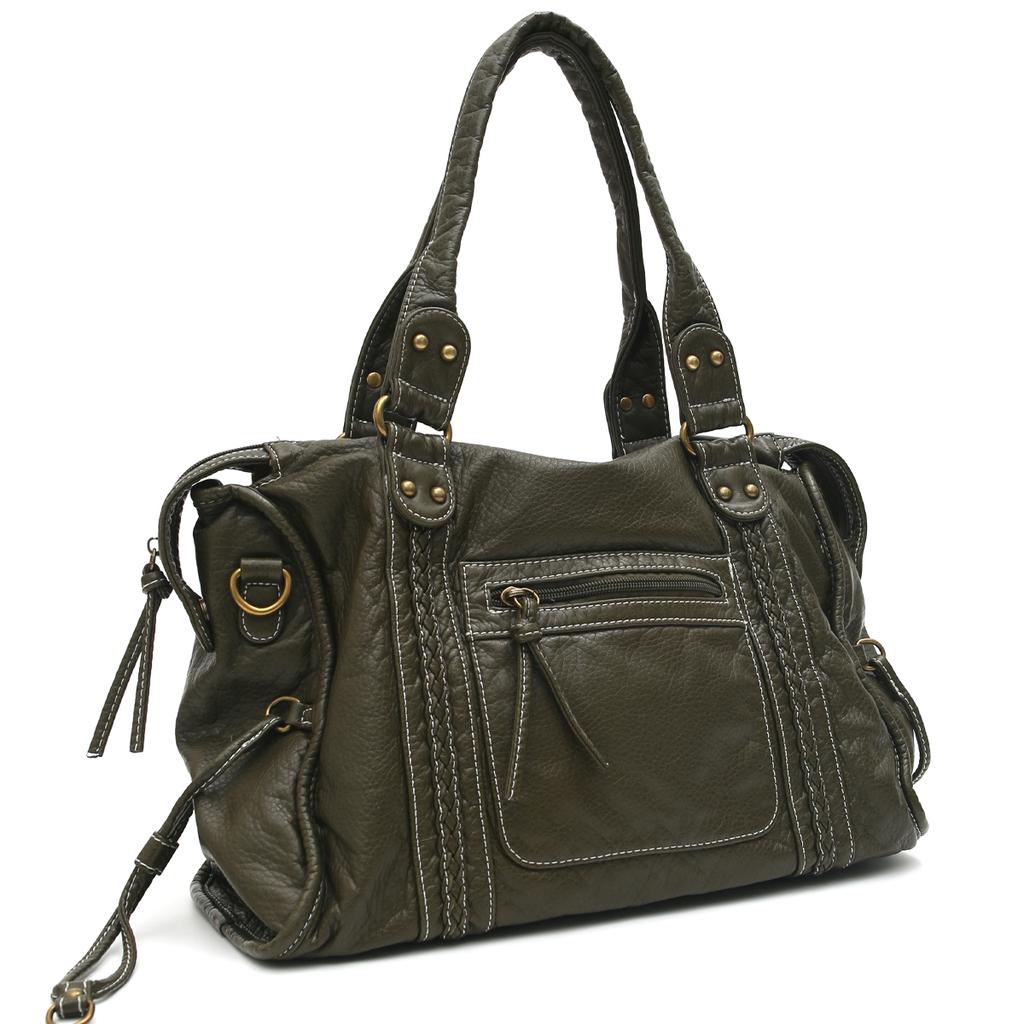 Vintage Washed PU Leather Large Capacity Tote Zip Pockets Braid Decor Shoulder Cross body Bag Unisex Women Daily Travel Handbag