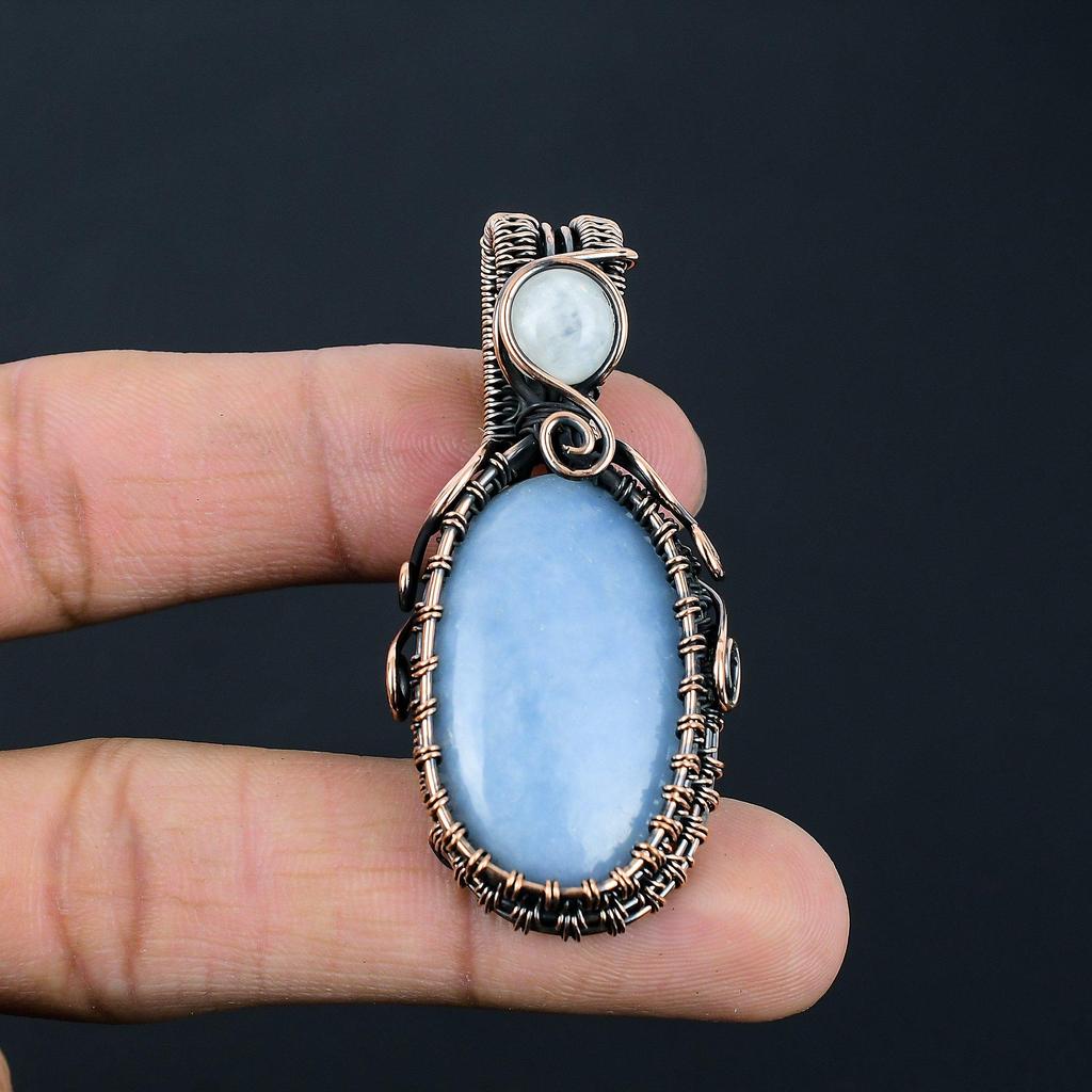 Pretty Angelite & Moonstone Gemstone Handmade Pur Cupru Sârmă Wrap Bijuterii Pandantiv pentru dragoste