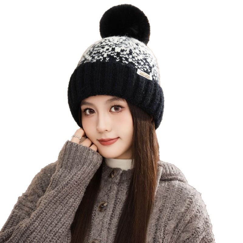 Korean Version of Autumn and Winter Hat for Women with Velvet Rabbit Wool Knitted Hat Wool Ball Cute Wool Hat Ear Protection Warm Pullover Hat
