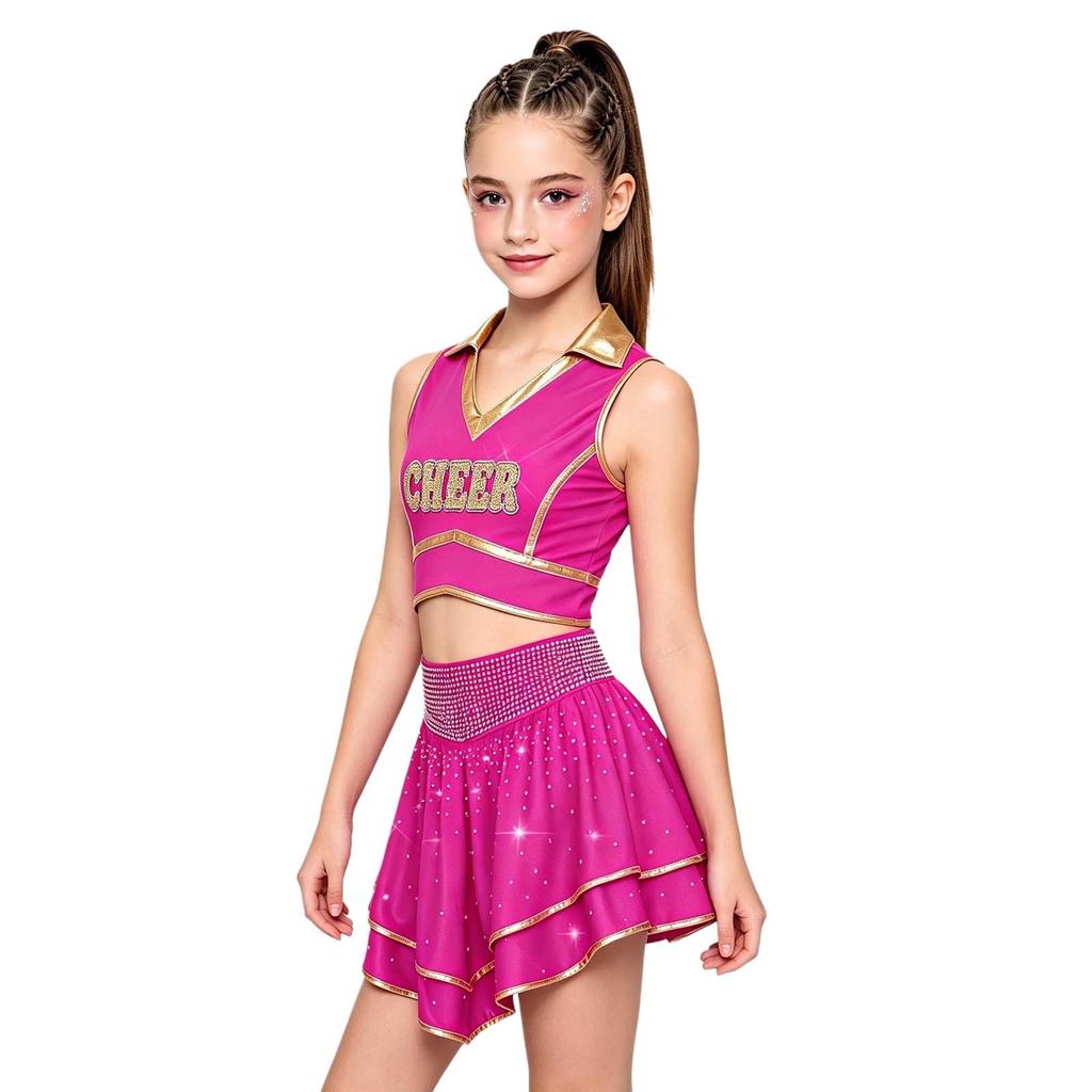 Kids Cheerleading Competition Wear V Neck Crop Top Rhinestone Trim Sleeveless with Built-in Shorts and Asymmetrical Ruffled Skirt