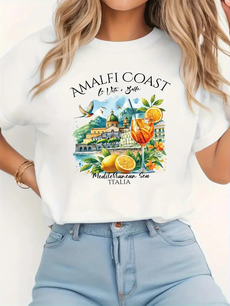 

Amalfi Coast Lemon Print Womens Crew Neck Short Sleeve TShirt Casual Letter Print Spring Summer Top Clothing Breathable Cotton S