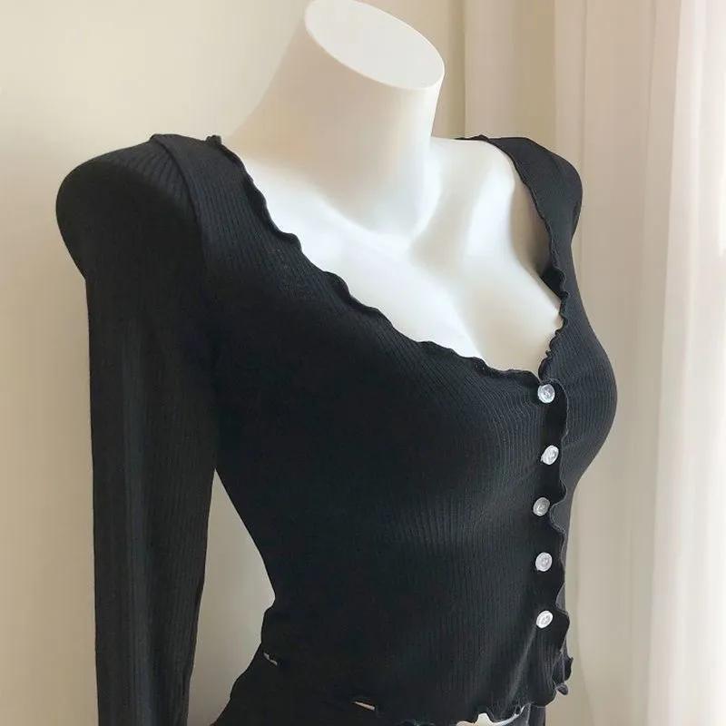 Damen Pink Gerippter Strick Cardigan Langarm V-Ausschnitt Knopf Crop Top mit Rüschenbesatz