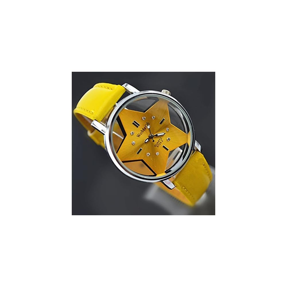ZooooM Star Design Analog Quartz Watch Yellow with Faux Leather Band for Unisex Fashion