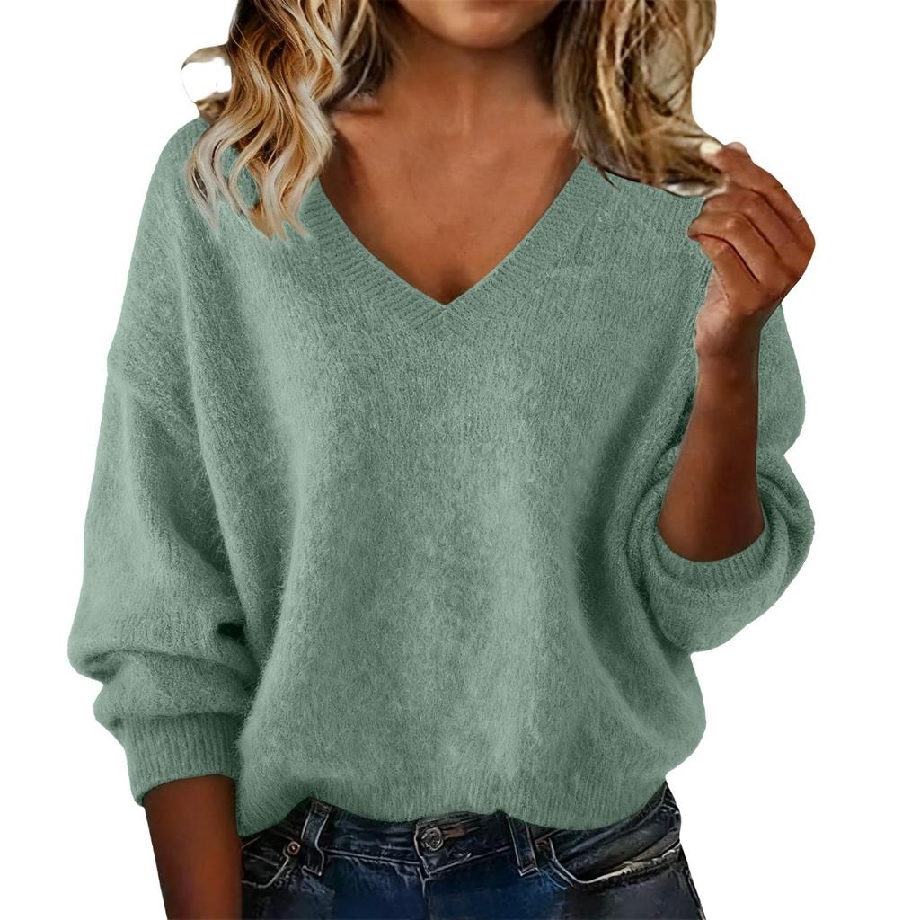 Fall Winter Women's Fashion Loose Solid Color V-neck Knit Sweater Top, Casual Knitwear for Women Crossborder Europe America