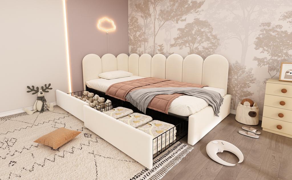 Upholstered Bed Single Bed with Drawers Storage Bed Velvet Daybed Sofa Bed 90x190cm with Slatted Frame Adult Children's Bed, Beige (Without Mattress)
