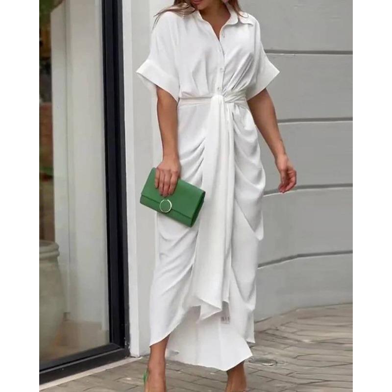 Women's fashion new lapel mid-length short-sleeved single-breasted high-waisted shirt skirt dress