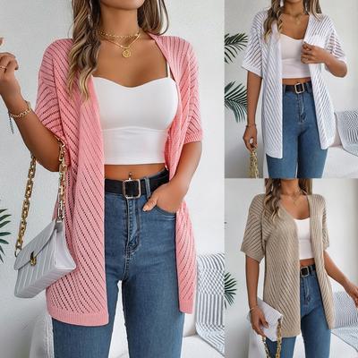 Women's Spring/Summer Solid Color Hollow Short Sleeve Knitted Cardigan Vacation Sun Protection Shirt