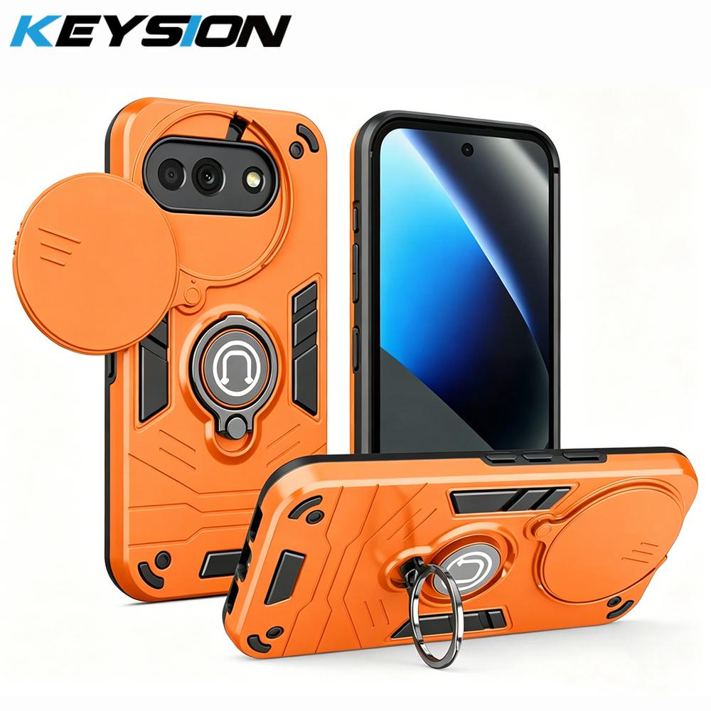 KEYSION Shockproof Armor Case for Google Pixel 10A Slide Camera Lens Protection Ring Stand Phone Back Cover for Google Pixel 10A for Pixel 10A оранжевый