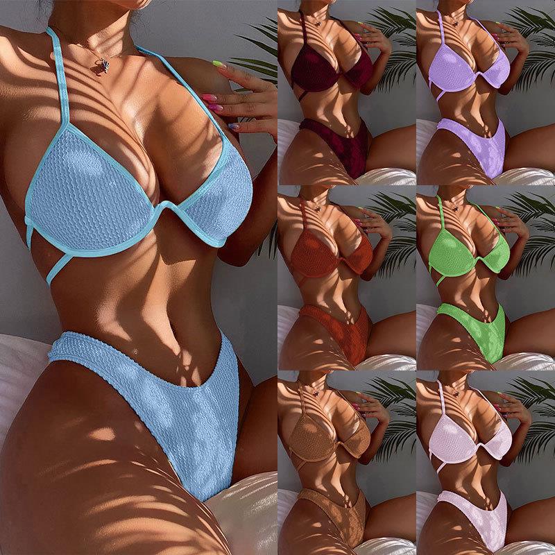 New Strap-Up Halter Beach Bikini Multi-Color Steel Tray Triangle Split Swimsuit Swimsuit