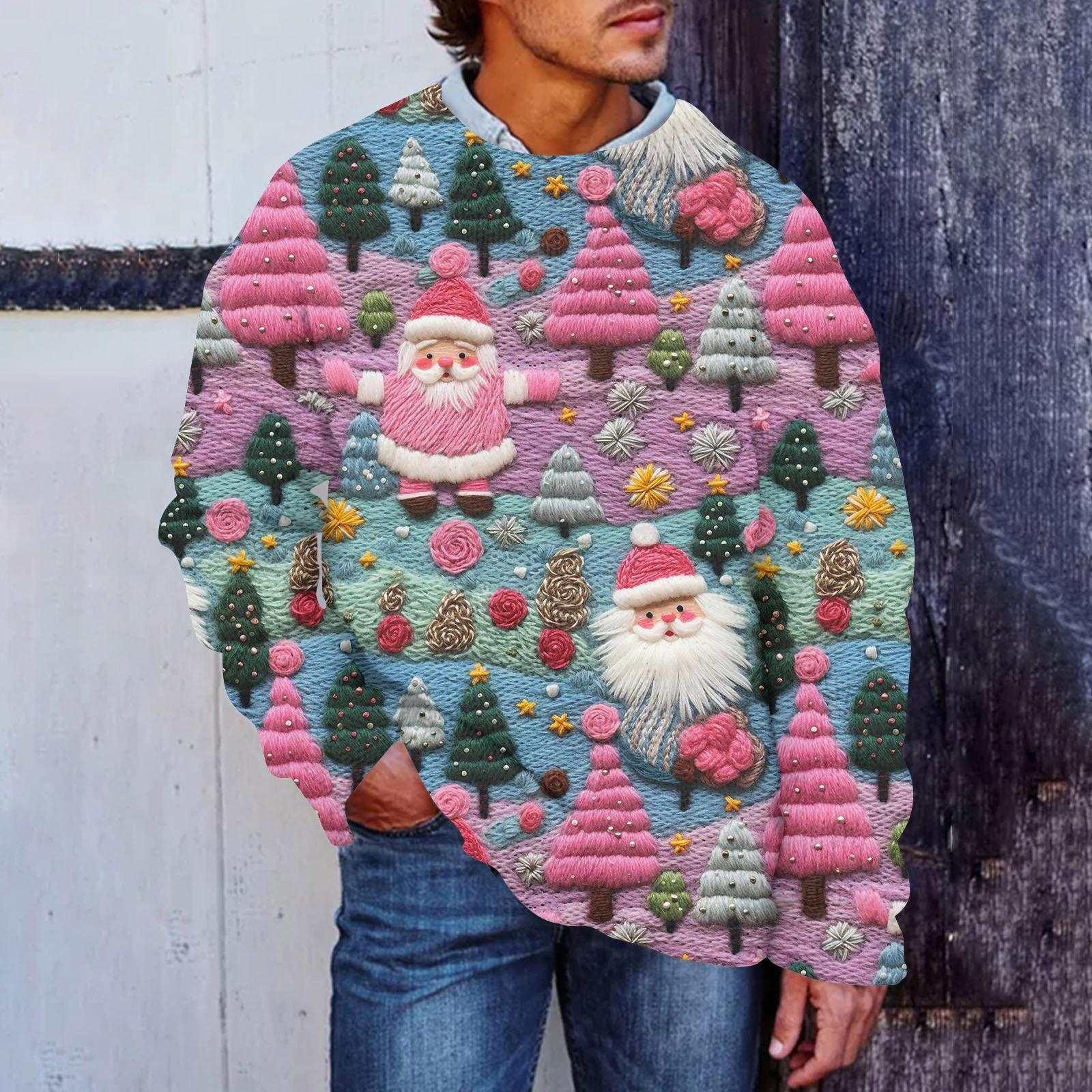 

Мужской рождественский принт, искусственный свитер, толстовка с круглым вырезом, свободный топ с длинными рукавами L горячий розовый