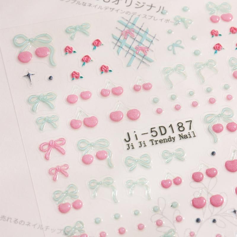 5D Bow Nail Sticker 3D Relief Cherry Bowknot Flower Summer Personalized Nail Back Adhesive Sticker Diy Nail Decoration Materials