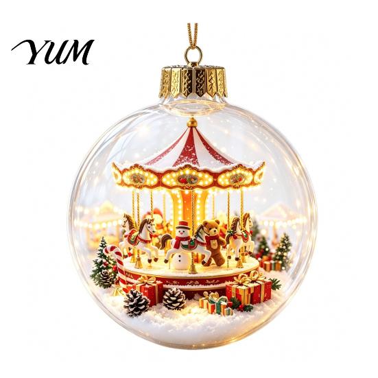 Holiday Home Decorations Glowing Christmas Ball Ornaments, Light-Up with Mini Scene, Acrylic Clear Seasonal Tree Baubles Hanging Decor Warm LED Light