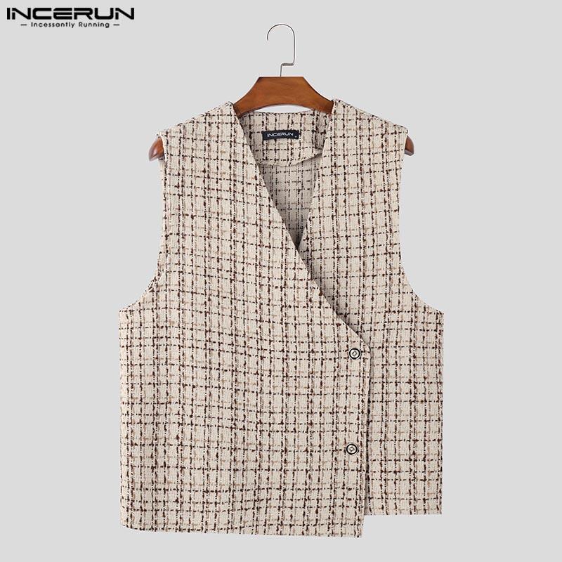 INCERUN Men V Neck Front Cross Sleeveless Waistcoat Texture Plaid Vest Coats