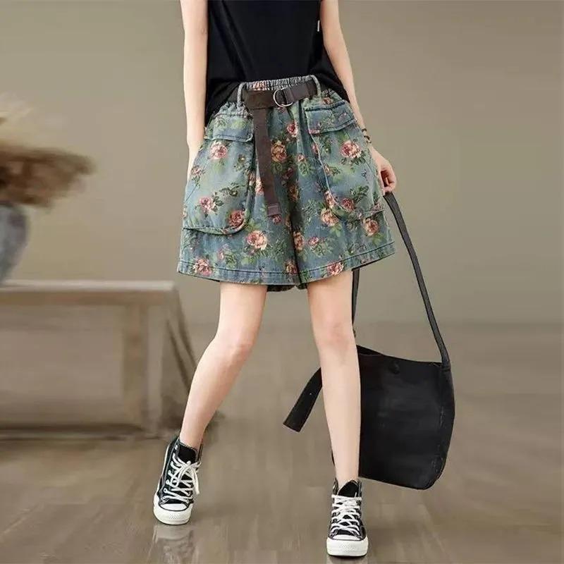 Women s Floral Print Denim Shorts with Belt Elastic Waist Casual Loose Fit Summer Shorts XL синий