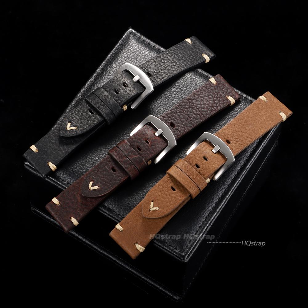 Handmade Cowhide Leather Strap 18mm 20m 22mm Black Brown Leather Bracelet Retro Women Men Watch Accessories for Smart Watch Band